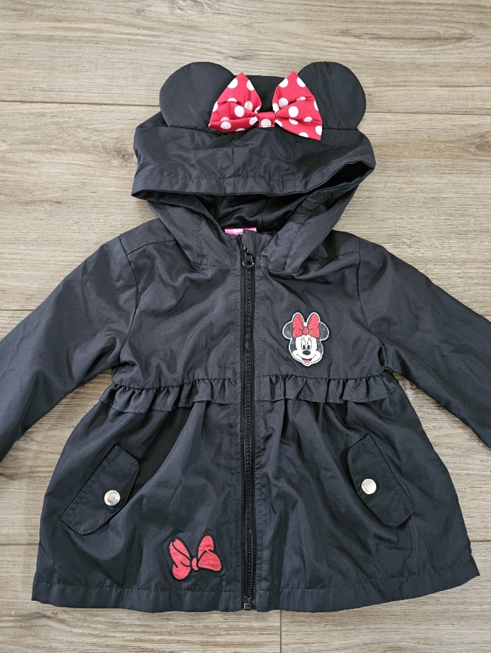 Black Minnie Mouse Hooded Windbreaker Jacket with Red Polka Dot Bow